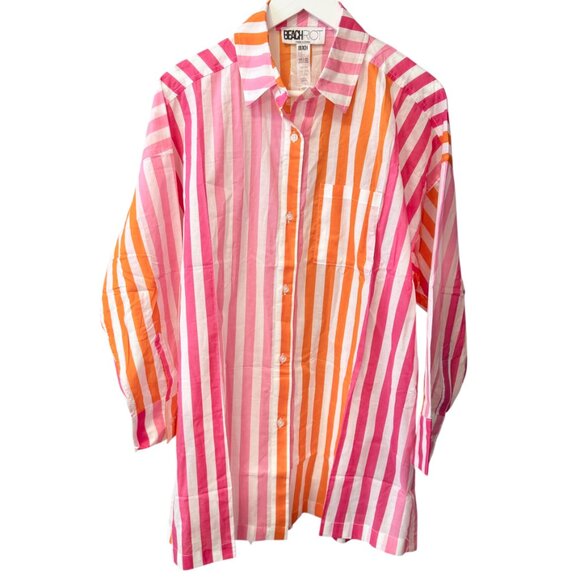Beach Riot NEW Alexa Pink Striped Cotton Oversized Button Up Tunic Top size S/M - Picture 4 of 10